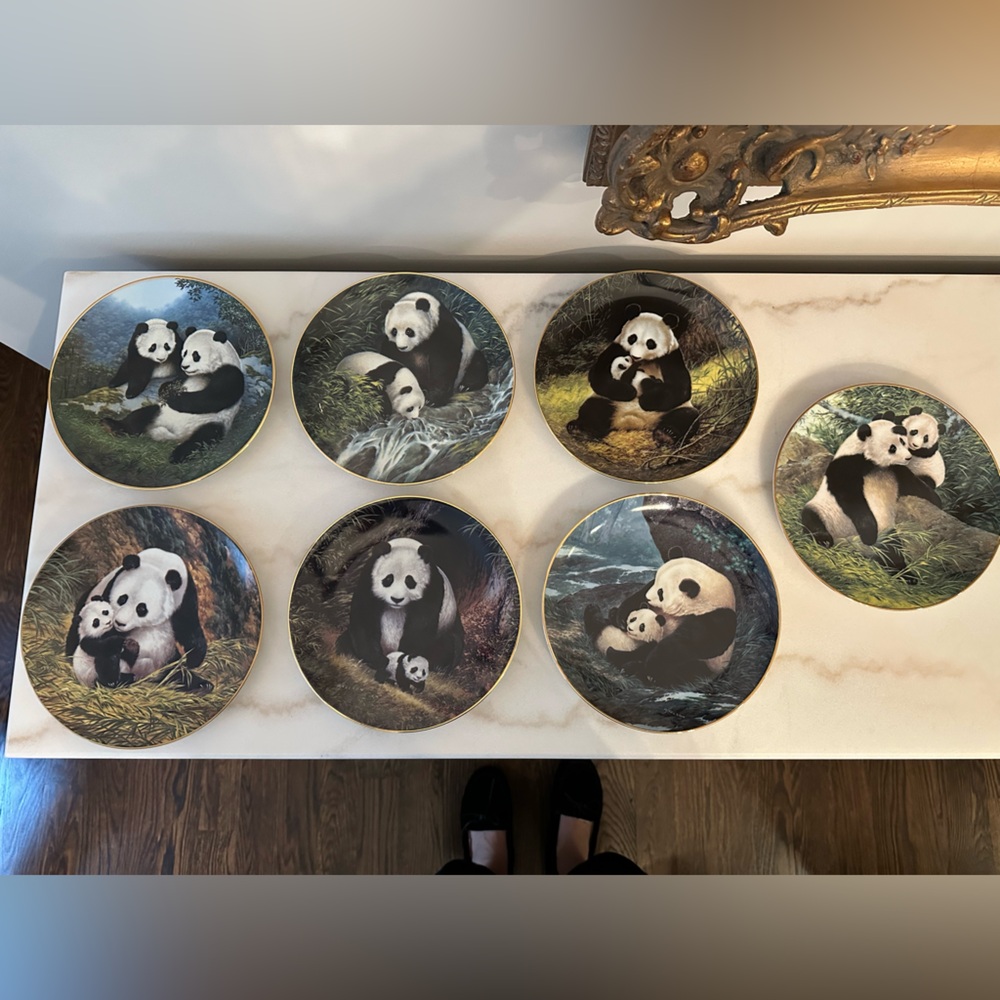 Set of 7 Porcelain Panda Plates by Will Nelson - Stands included!